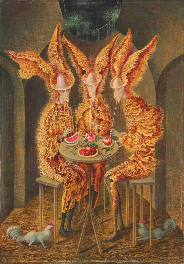 Vegetariánus vámpírok Remedios Varo  szürrealista festmény Férfi alak, Jelenet, Női alak
